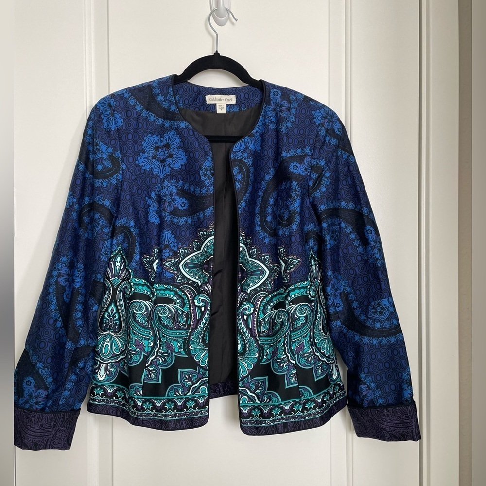 Coldwater Creek Blue Green Paisley Print Open Front Lined Blazer-Jacket Size 8